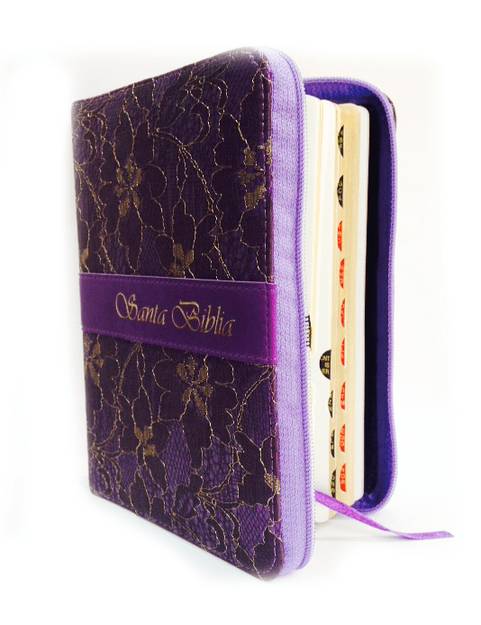Biblia Reina Valera 1960 – Tapa Tela Lila Floreada, con Cierre, Concordancia, con Índice, Letra 7 Puntos