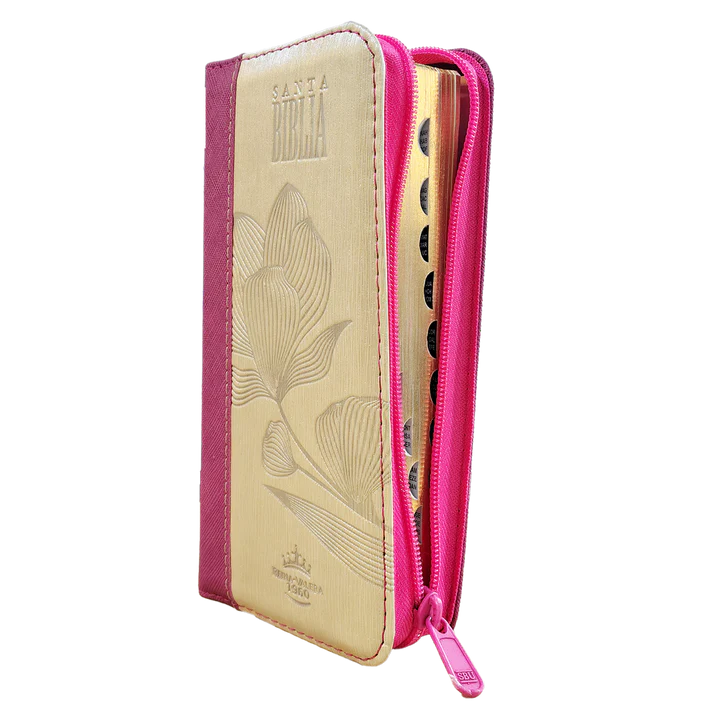 Biblia Reina Valera 1960 – 036 – Con Concordancia – Letra 8 pts – 8,5Six16,5 cm – Palabras de Jesús en Rojo – Cierre con Índice – Tapa PU Rosa/Beige