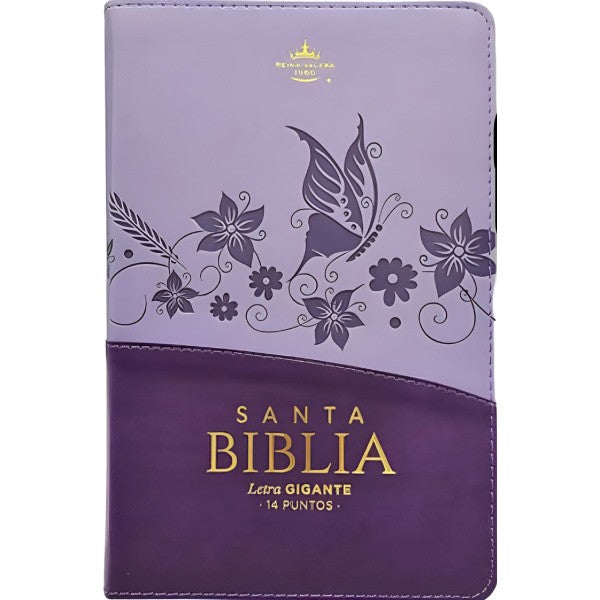 Biblia Reina Valera 1960 · 13,8x21,2 cm · Letra gigante 14 pt · Con cierre e índice · Diseño flores lila