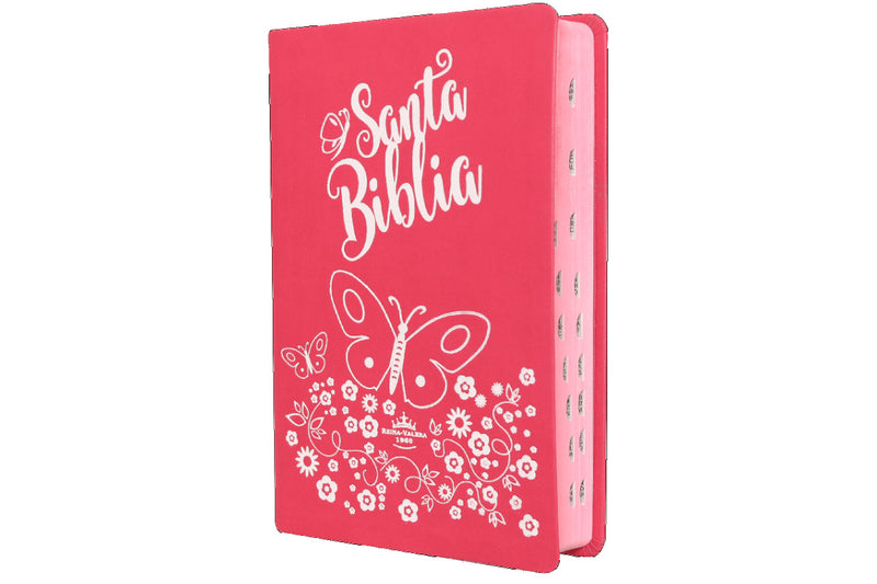 Biblia Reina Valera 1960 Letra Grande Pjr Piel Sintética Índice Rosa Flores Mariposa