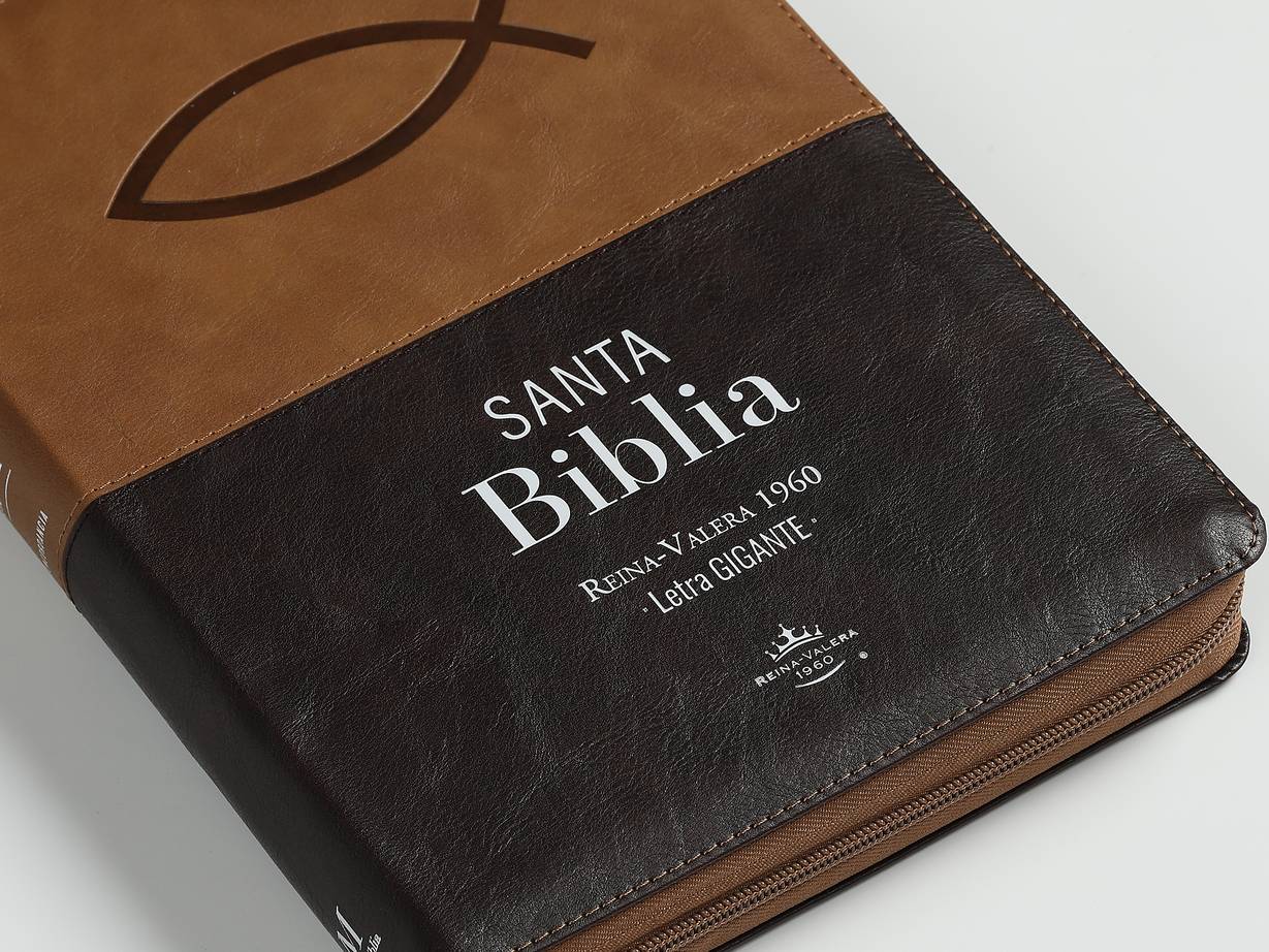 Biblia Reina Valera 1960 · 17x23,5 cm · Letra gigante 15 pt · Con cierre e índice · Diseño Ichtus café