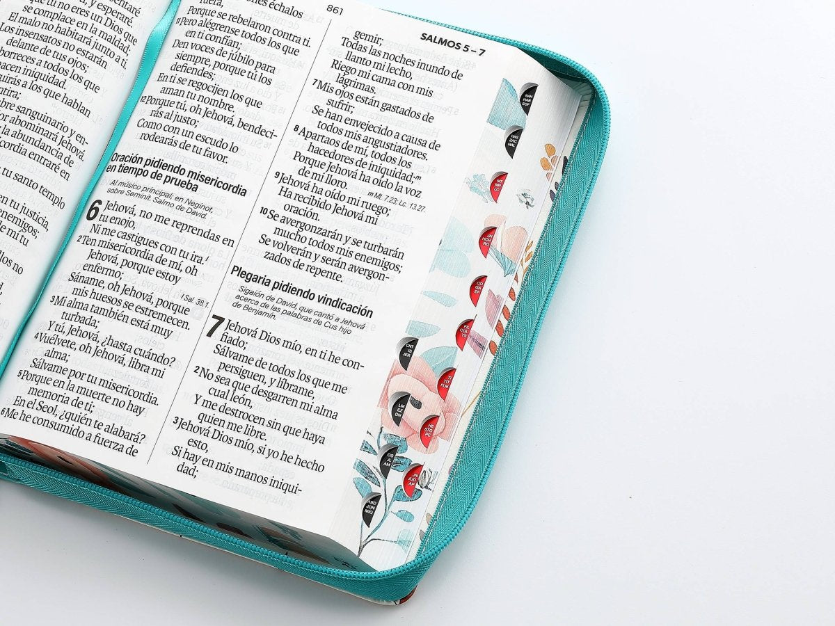 Biblia Reina Valera 1960 – 088 – Con Concordancia – Letra 19 pts – 16x23 cm – Cierre con Índice – Flores Turquesa