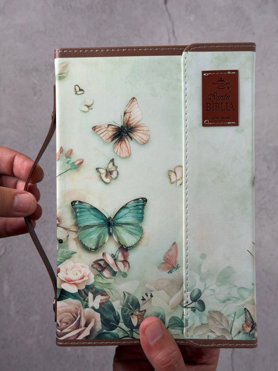 Biblia Reina Valera 1960 Exquisita – Con Concordancia – Letra 11 pts – 14x22 cm – Tapa PU – Mariposas en Primavera – Con Manija y Broche