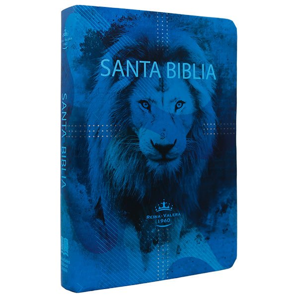 Biblia Reina Valera 1960 – Tapa Vinilo León Celeste y Azul, Concordancia, Palabras de Jesús en Rojo, 14 x 22 cm, Letra 12 Puntos