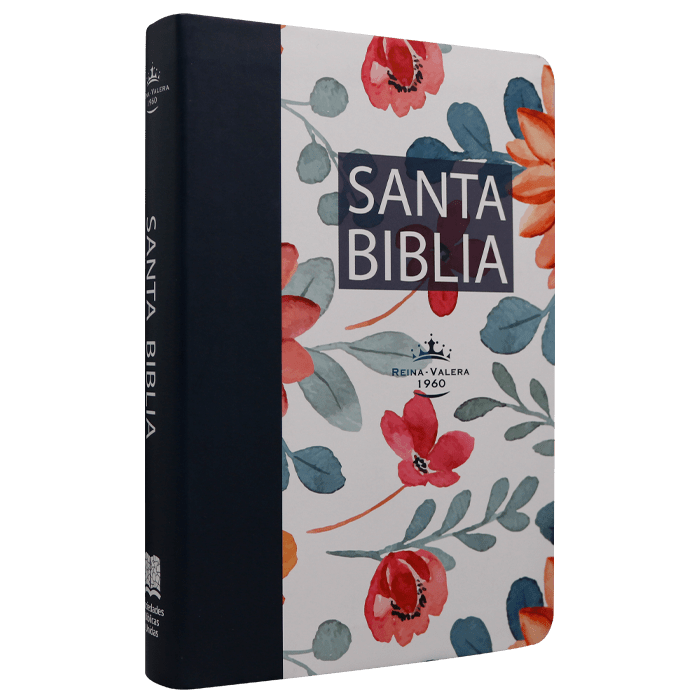 Biblia Reina Valera 1960 – Tapa Vinilo Flores Fondo Blanco Borde Azul, Concordancia, Palabras de Jesús en Rojo, 14 x 22 cm, Letra 12 Puntos