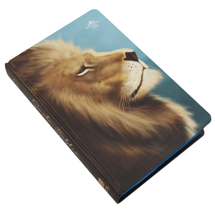 Biblia Reina Valera 1960 · 13,5x21 cm · Letra 13 pt · Tapa dura · Diseño león azul con canto azul