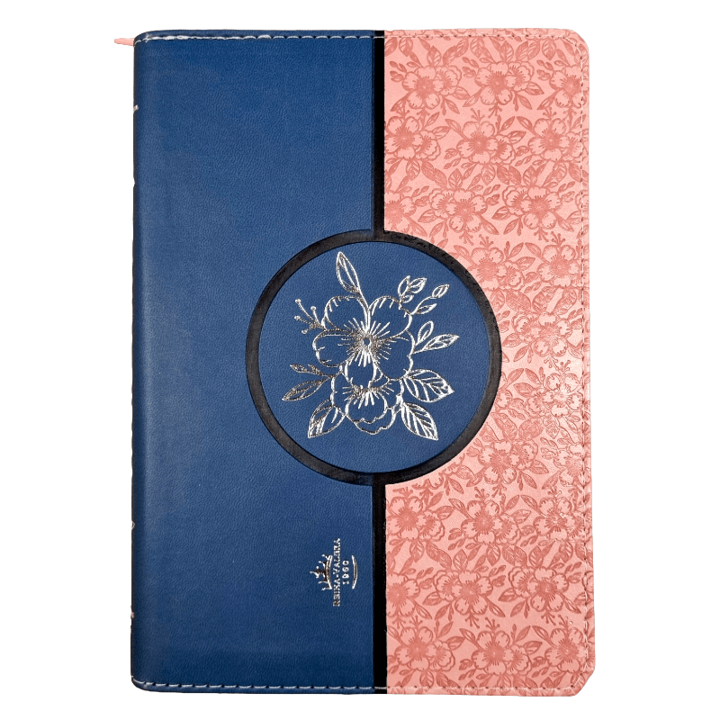 Biblia Reina Valera 1960 – Tapa Imitación Piel Azul y Rosa, con Cierre, Concordancia, Palabras de Jesús en Rojo, con Índice, 15 x 21 cm, Letra 12 Puntos