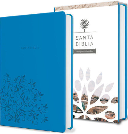 Biblia Reina Valera 1960 Imágenes Tierra Santa – Tapa Imitación Piel Azul Celeste, Letra 10pt, 14x21 cm