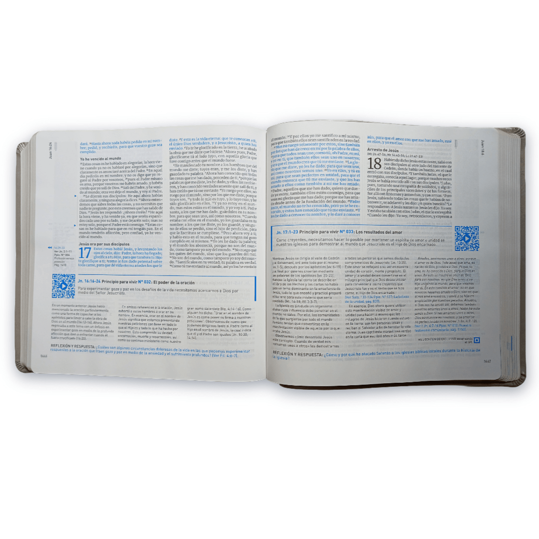 Biblia RVR1960 Principios para vivir QR, Tapa PU arena, Letra 8 pts, 21x21 cm
