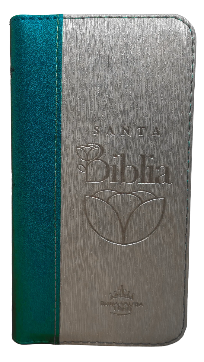 Biblia Reina Valera 1960 con cierre color azul/beige canto plateado