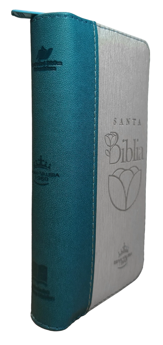Biblia Reina Valera 1960 con cierre color azul/beige canto plateado
