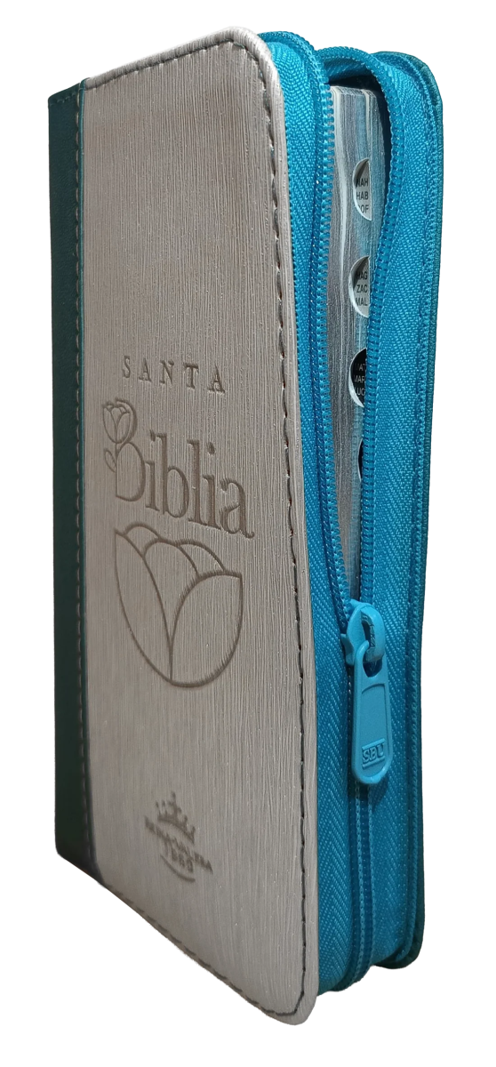 Biblia Reina Valera 1960 con cierre color azul/beige canto plateado