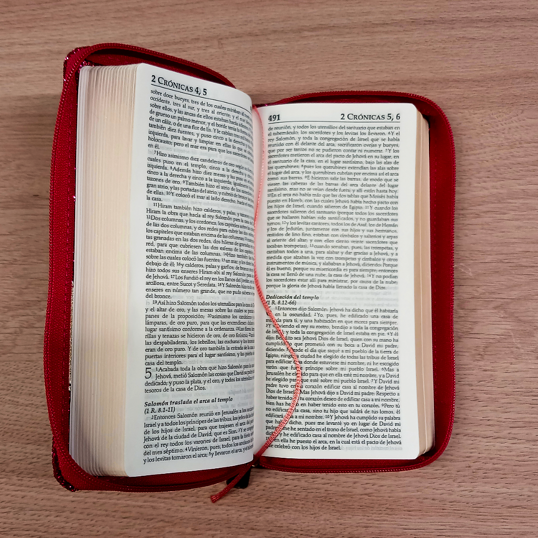Biblia Reina Valera 1960 – Tapa Imitación Piel Rosado, con Cierre, Letra 7 Puntos