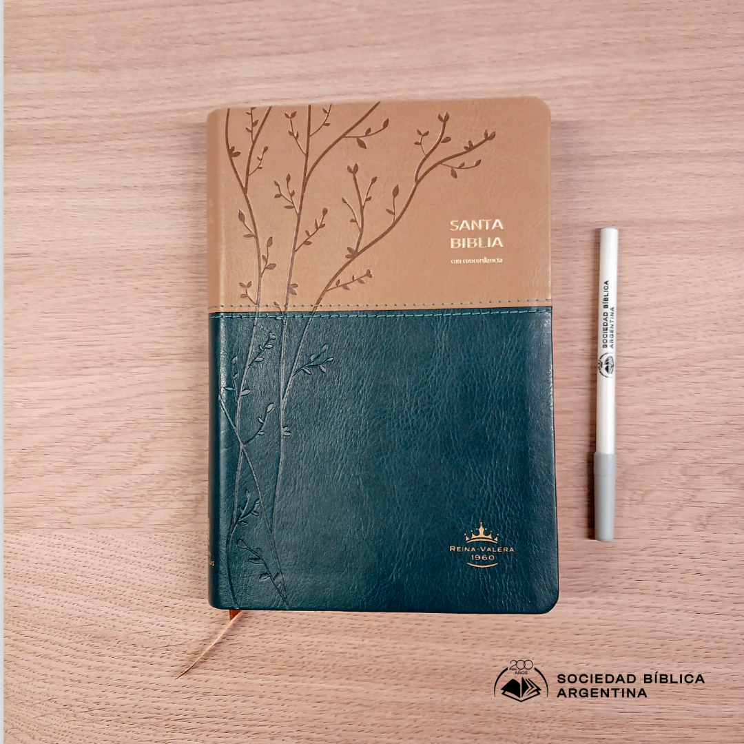 Biblia Reina Valera 1960 – Tapa Imitación Piel Beige y Turquesa, Concordancia, Palabras de Jesús en Rojo, Letra 12 Puntos