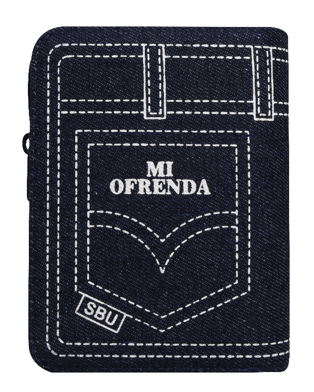 Biblia Reina Valera 1960 con cierre palabras de Jesús en rojo jean azul canto plateado