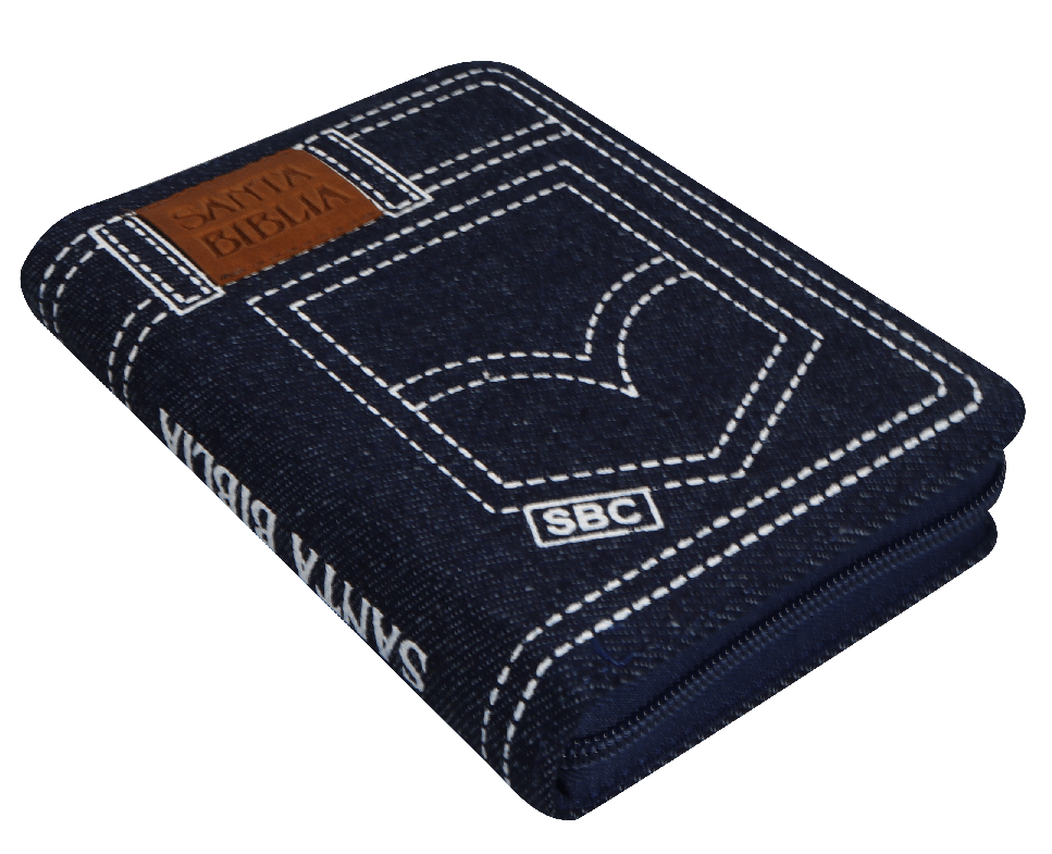 Biblia Reina Valera 1960 con cierre palabras de Jesús en rojo jean azul canto plateado