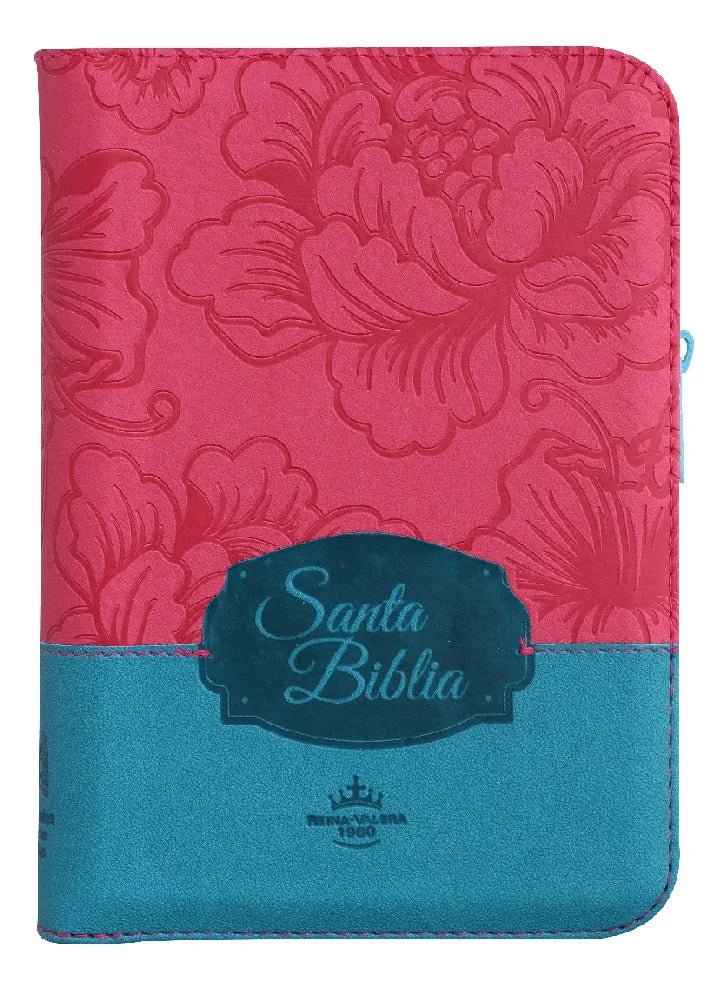 Biblia Reina Valera 1960 con cierre palabras de Jesús en rojo letra mediana fucsia/azul canto plateado