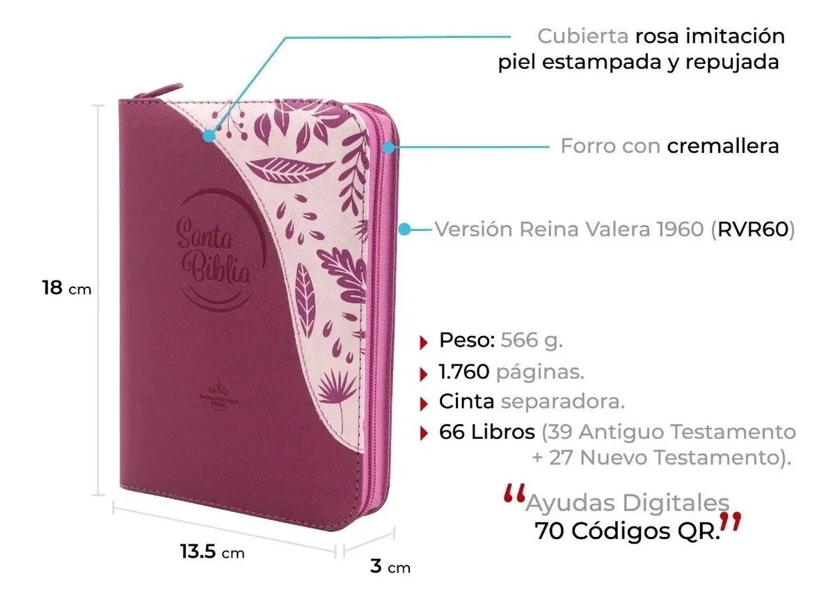 Biblia Reina Valera 1960 con cierre palabras de Jesús en rojo letra mediana fucsia canto plateado