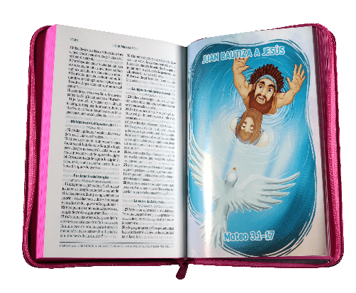 BIBLIA RVC062cZLGPJR L 12p 13x21 CONCORDACIA CIERRE PJR TAPA PLASTICA ROSA VALIENTES CON JESUS QR