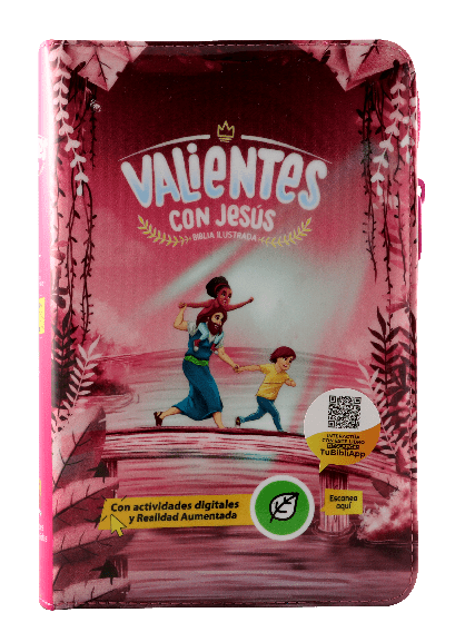BIBLIA RVC062cZLGPJR L 12p 13x21 CONCORDACIA CIERRE PJR TAPA PLASTICA ROSA VALIENTES CON JESUS QR