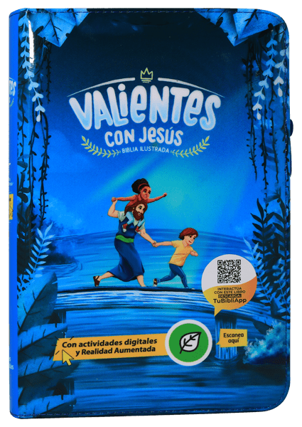 BIBLIA RVC062cZLGPJR L 12p 13x21 CONCORDACIA CIERRE PJR TAPA PLASTICA AZUL VALIENTES CON JESUS QR
