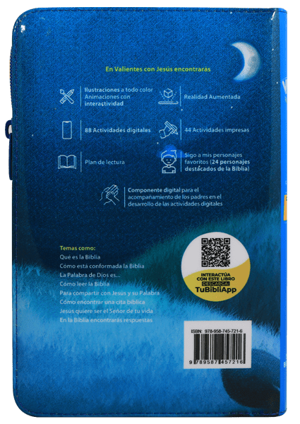 BIBLIA RVC062cZLGPJR L 12p 13x21 CONCORDACIA CIERRE PJR TAPA PLASTICA AZUL VALIENTES CON JESUS QR