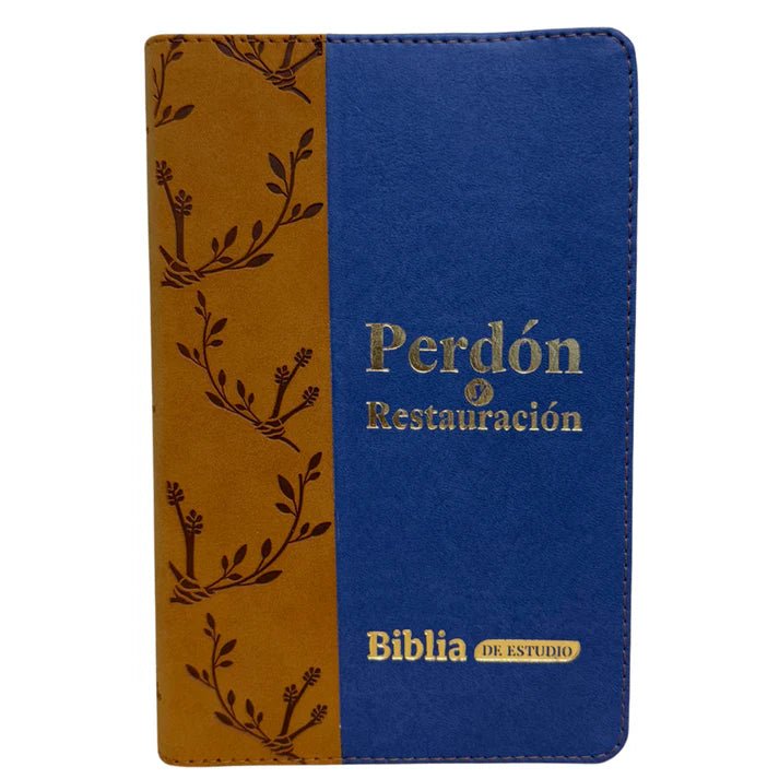 Biblia Reina Valera 1960 letra grande "Perdona y Restaura" azul/café canto plateado