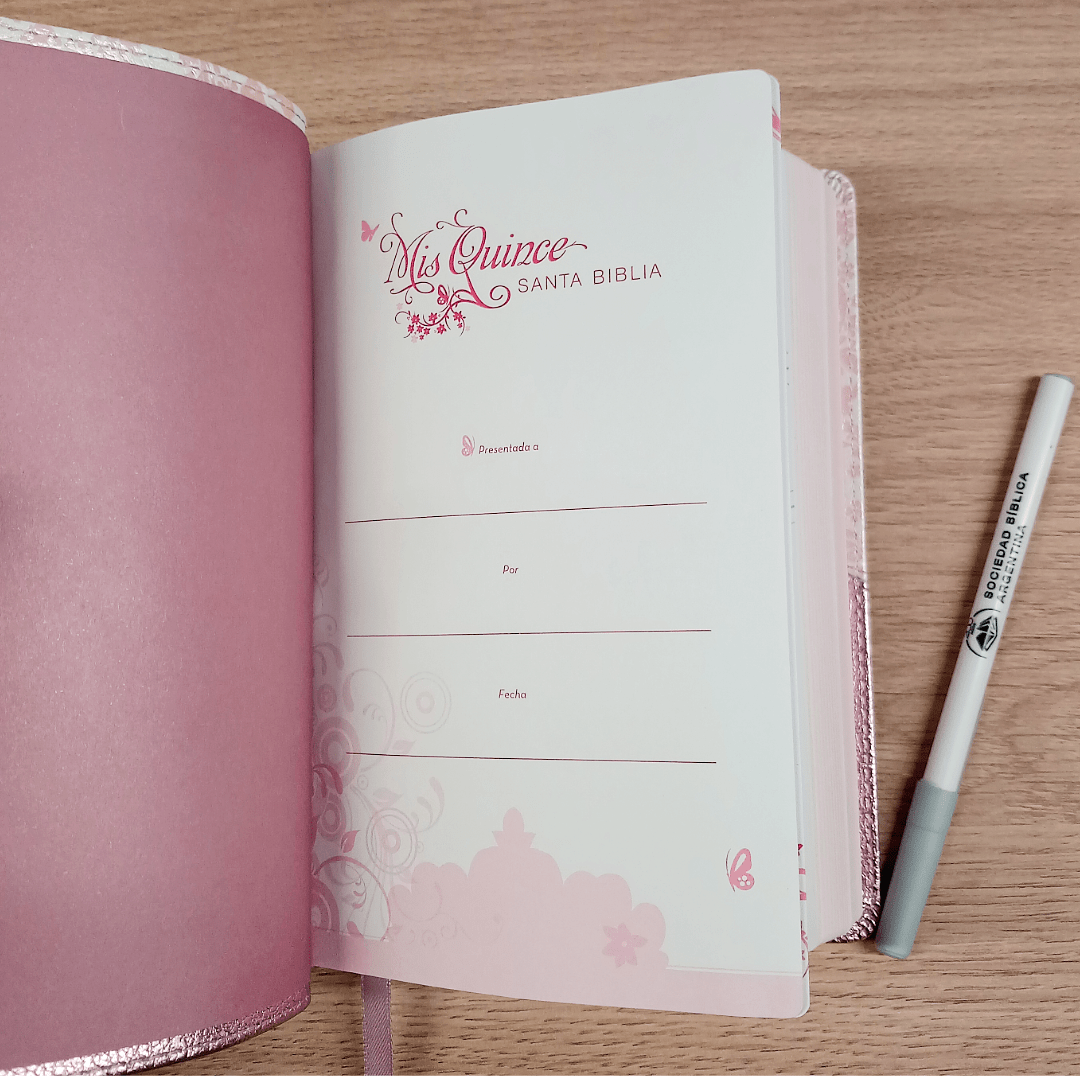 Biblia Mis Quince Reina Valera 1960 – Tapa Imitación Piel Rosa Floreado