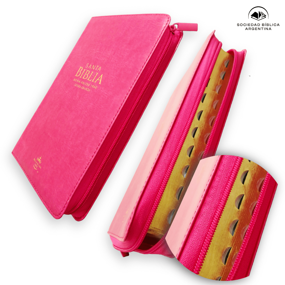 Biblia Reina Valera 1960 · 13,8x21,2 cm · Letra grande 12,5 pt · Con cierre e índice · Edición clásica fucsia
