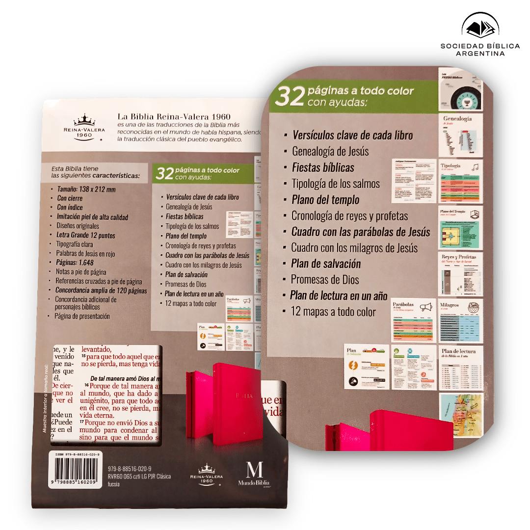 Biblia Reina Valera 1960 · 13,8x21,2 cm · Letra grande 12,5 pt · Con cierre e índice · Edición clásica fucsia