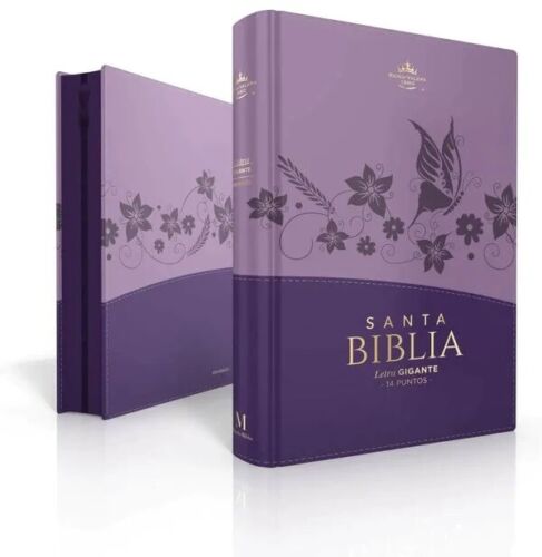 Biblia Reina Valera 1960 · 13,8x21,2 cm · Letra gigante 14 pt · Con cierre e índice · Diseño flores lila