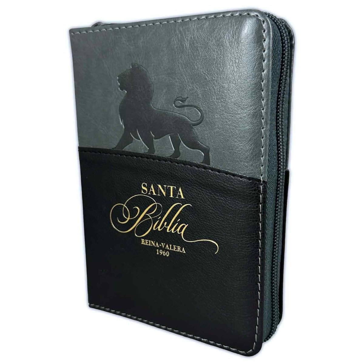 Biblia Reina Valera 1960 · 10x14 cm · Letra pequeña 8,5 pt · Con cierre e índice · Tapa imitación piel · Colección Expresión león negro y gris