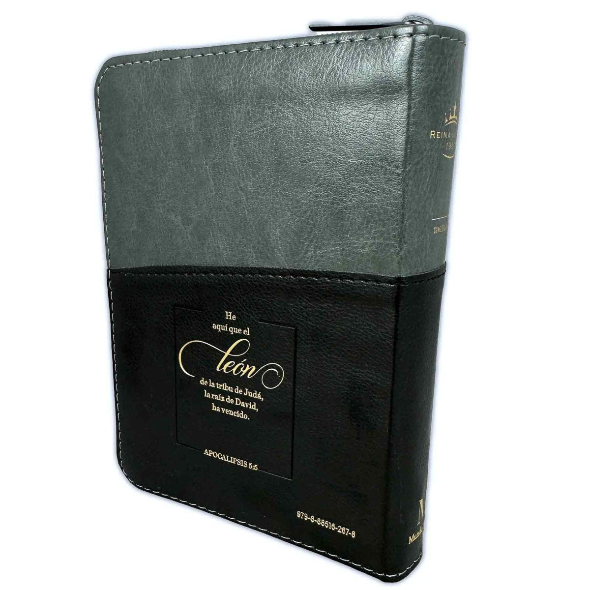 Biblia Reina Valera 1960 · 10x14 cm · Letra pequeña 8,5 pt · Con cierre e índice · Tapa imitación piel · Colección Expresión león negro y gris