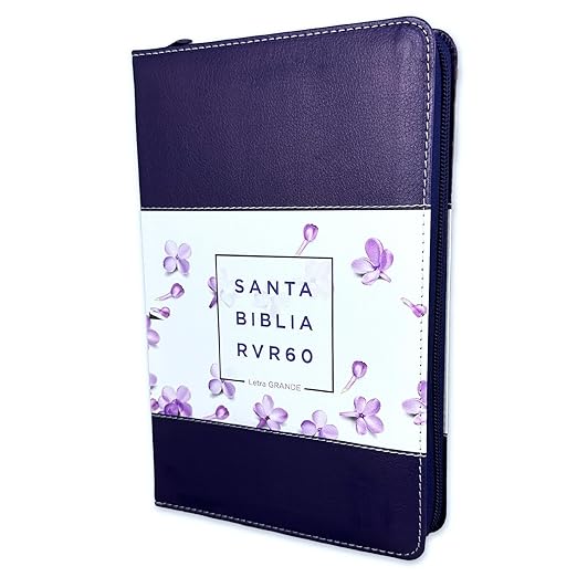 Biblia Reina Valera 1960 · 13,8x21,2 cm · Letra grande 12,5 pt · Con cierre e índice · Diseño tricolor lila con flores