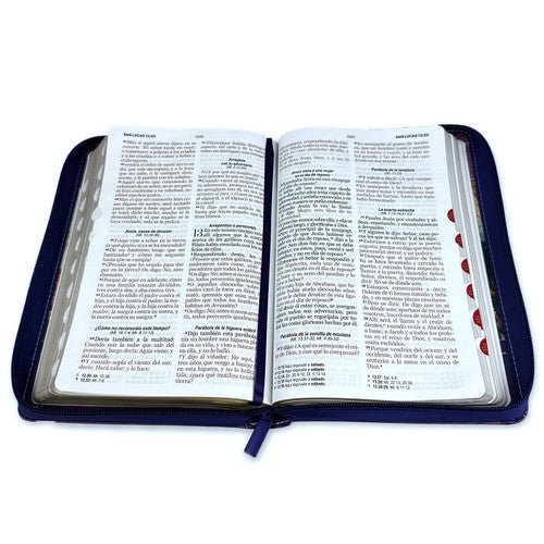 Biblia Reina Valera 1960 · 13,8x21,2 cm · Letra grande 12,5 pt · Con cierre e índice · Diseño tricolor fantasía lila y morado