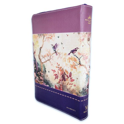 Biblia Reina Valera 1960 · 13,8x21,2 cm · Letra grande 12,5 pt · Con cierre e índice · Diseño tricolor fantasía lila y morado