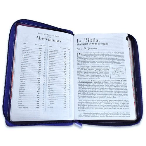 Biblia Reina Valera 1960 · 13,8x21,2 cm · Letra grande 12,5 pt · Con cierre e índice · Diseño tricolor fantasía lila y morado