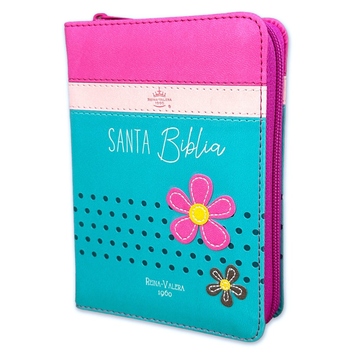 Biblia Reina Valera 1960 · 10x14 cm · Letra pequeña 8,5 pt · Con cierre · Tapa imitación piel · Colección Primor flores fucsia, rosa y turquesa