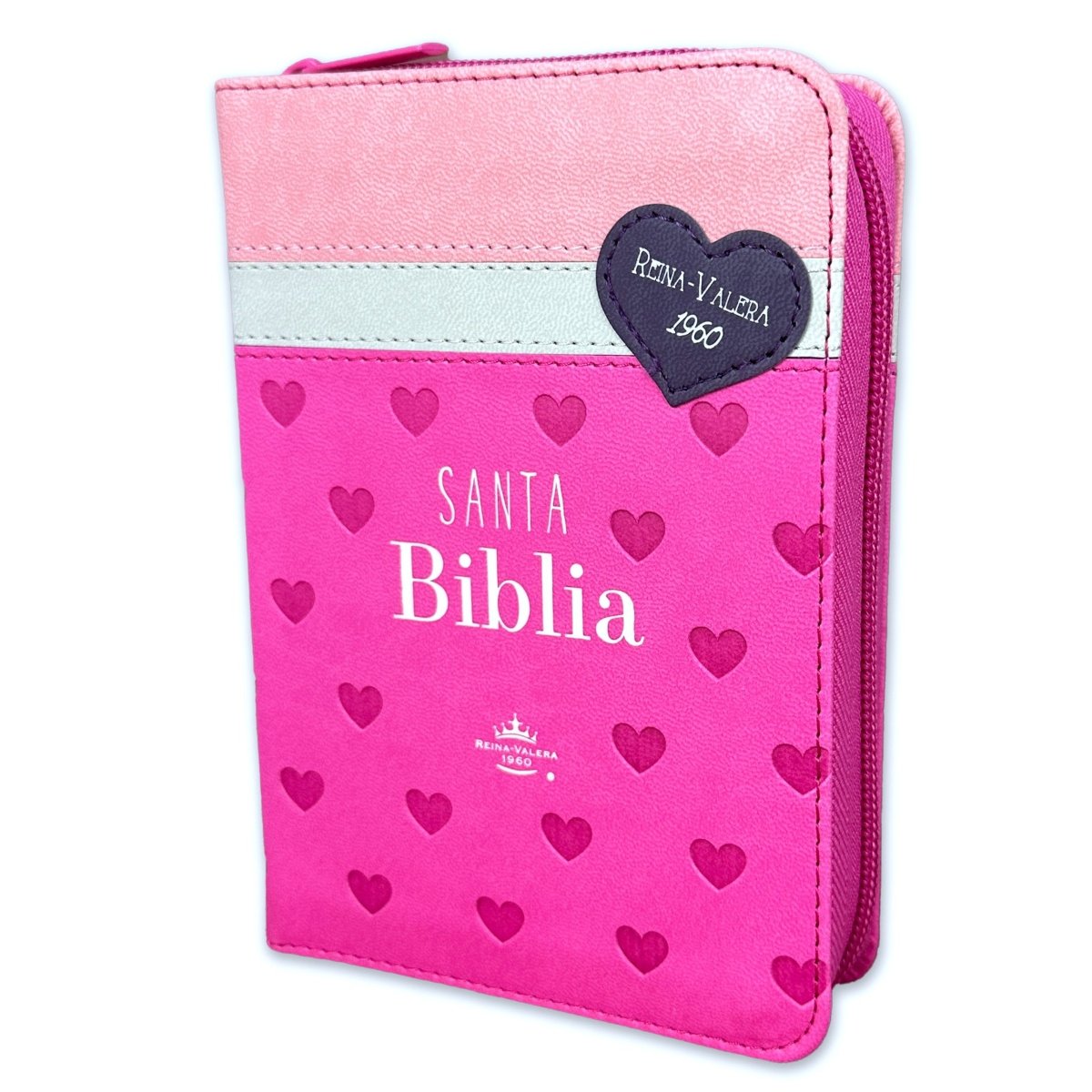 Biblia Reina Valera 1960 · 10x14 cm · Letra pequeña 8,5 pt · Con cierre · Tapa imitación piel · Colección Primor corazones fucsia, blanco y rosa