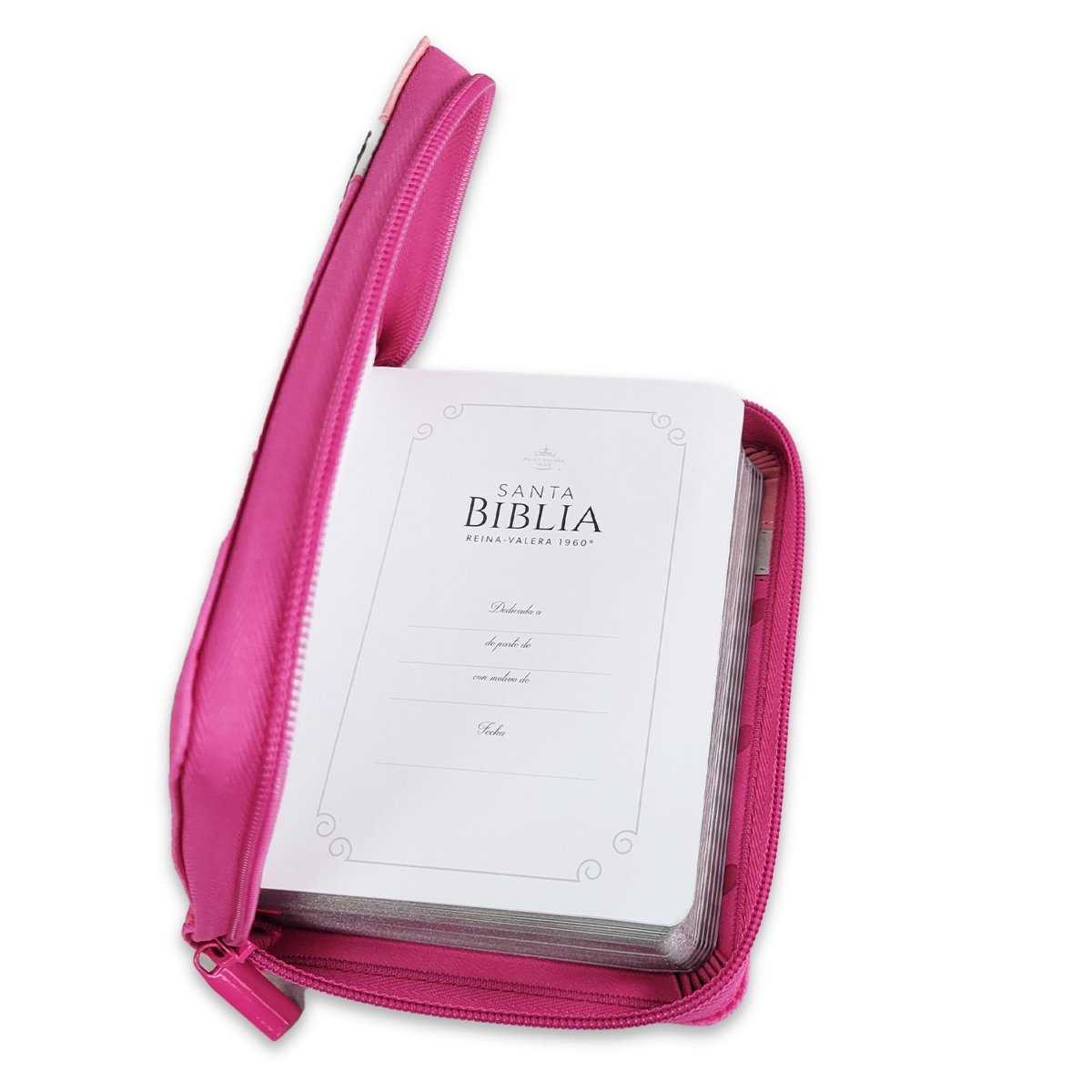 Biblia Reina Valera 1960 · 10x14 cm · Letra pequeña 8,5 pt · Con cierre · Tapa imitación piel · Colección Primor corazones fucsia, blanco y rosa