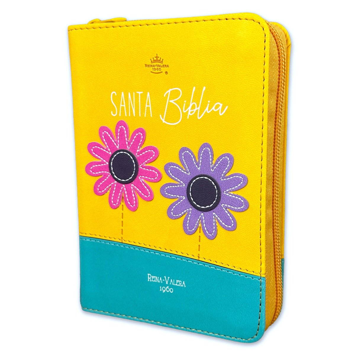 Biblia Reina Valera 1960 · 10x14 cm · Letra pequeña 8,5 pt · Con cierre · Tapa imitación piel · Colección Primor flores amarillo y turquesa