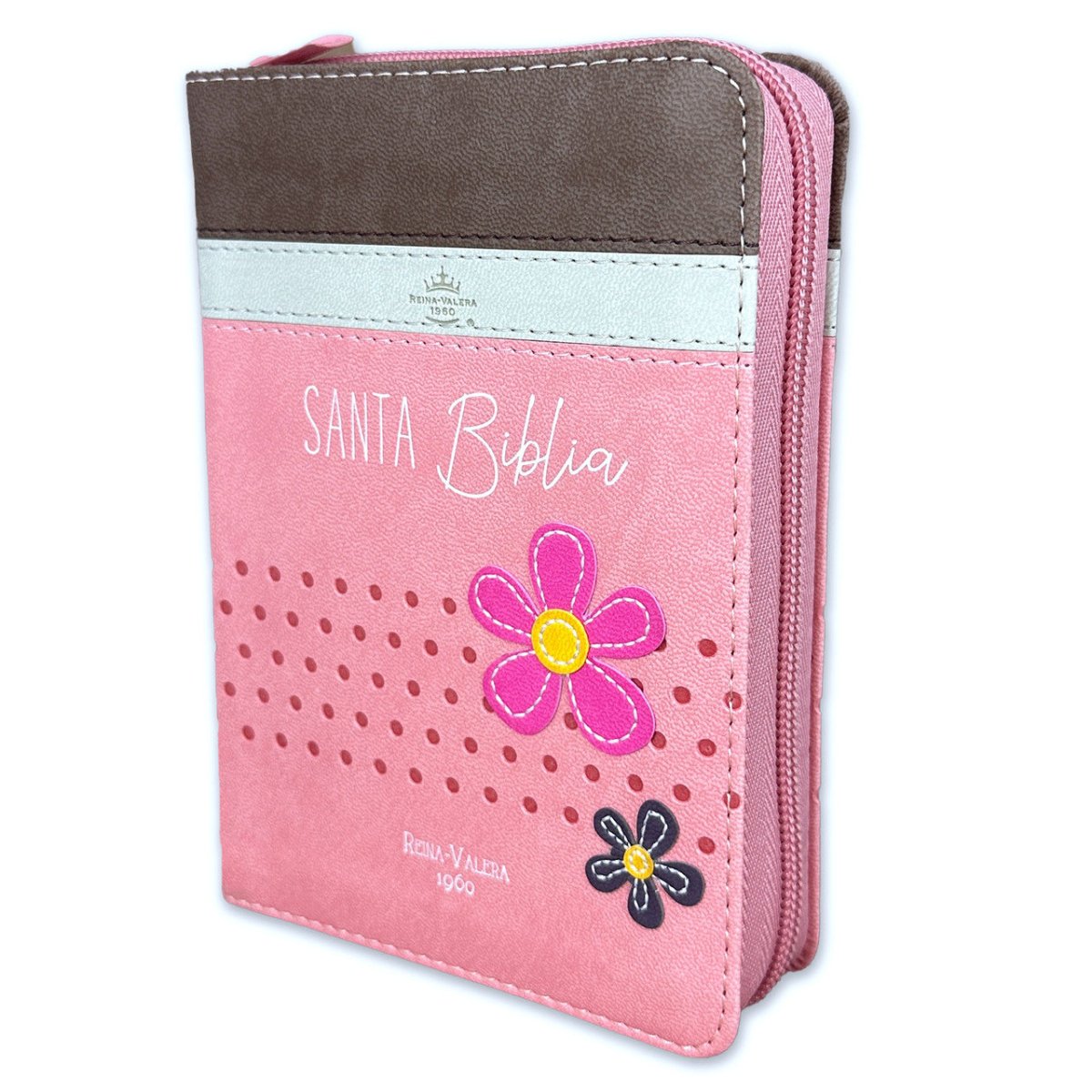 Biblia Reina Valera 1960 · 10x14 cm · Letra pequeña 8,5 pt · Con cierre · Tapa imitación piel · Colección Primor flores café, beige y rosa