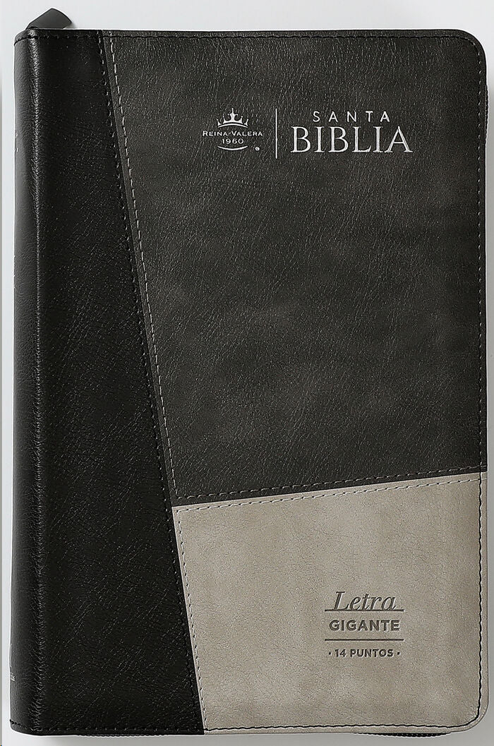 Biblia Reina Valera 1960 · 13,8x21,2 cm · Letra gigante 14 pt · Con cierre e índice · Colección Iconic negro y gris