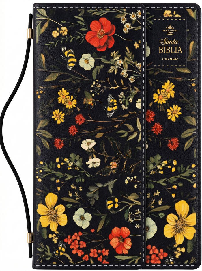 Biblia Reina Valera 1960 Exquisita – Con Concordancia – Letra 11 pts – 14x22 cm – Tapa PU – Flores sobre Negro – Con Manija y Broche