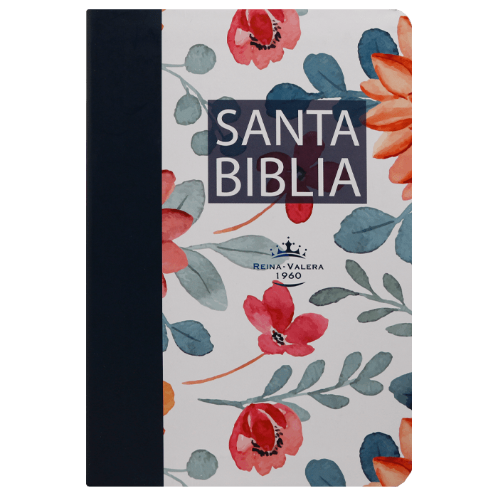Biblia Reina Valera 1960 – Tapa Vinilo Flores Fondo Blanco Borde Azul, Concordancia, Palabras de Jesús en Rojo, 14 x 22 cm, Letra 12 Puntos