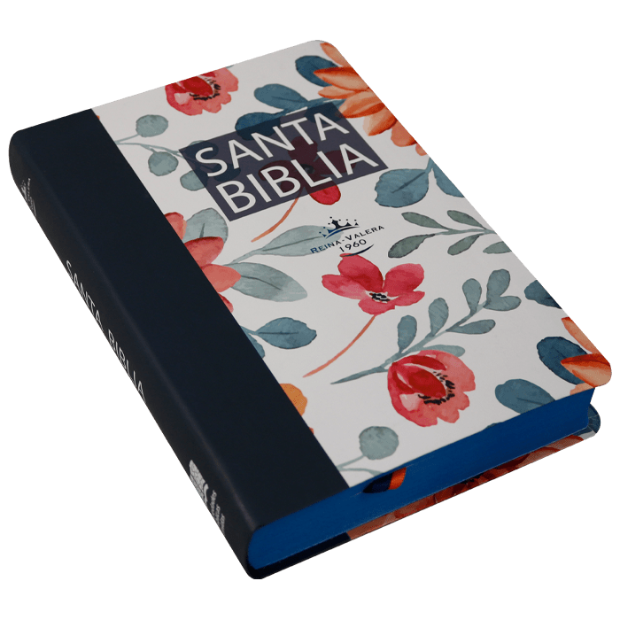 Biblia Reina Valera 1960 – Tapa Vinilo Flores Fondo Blanco Borde Azul, Concordancia, Palabras de Jesús en Rojo, 14 x 22 cm, Letra 12 Puntos