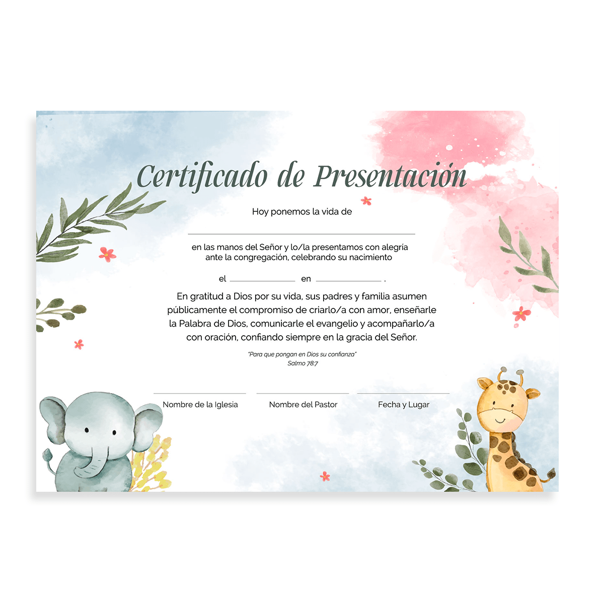 Certificado de Presentación de Niños - Elefante y Jirafa - Pack 20u