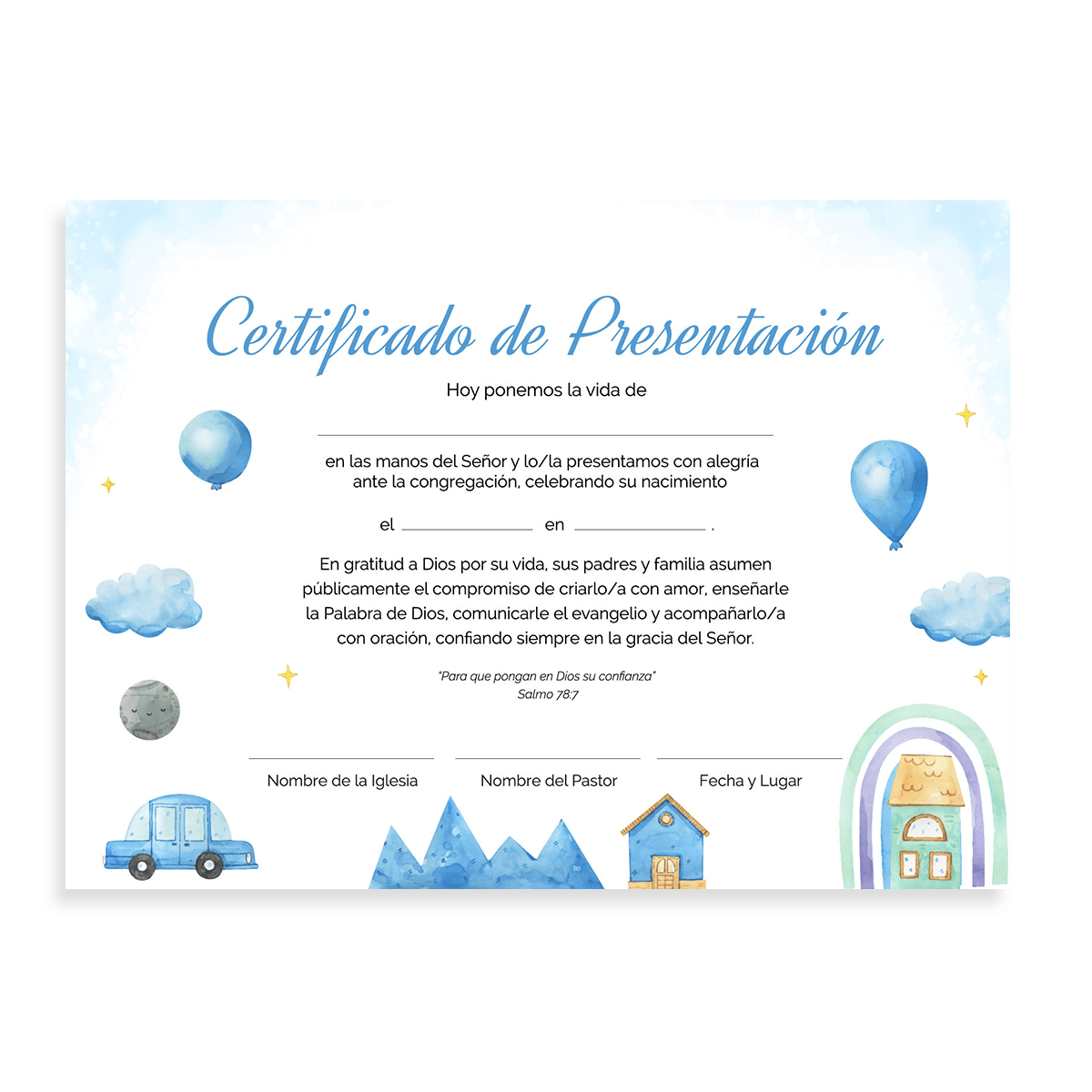 Certificado de Presentación de Niños - Auto y Casa- Pack 20u