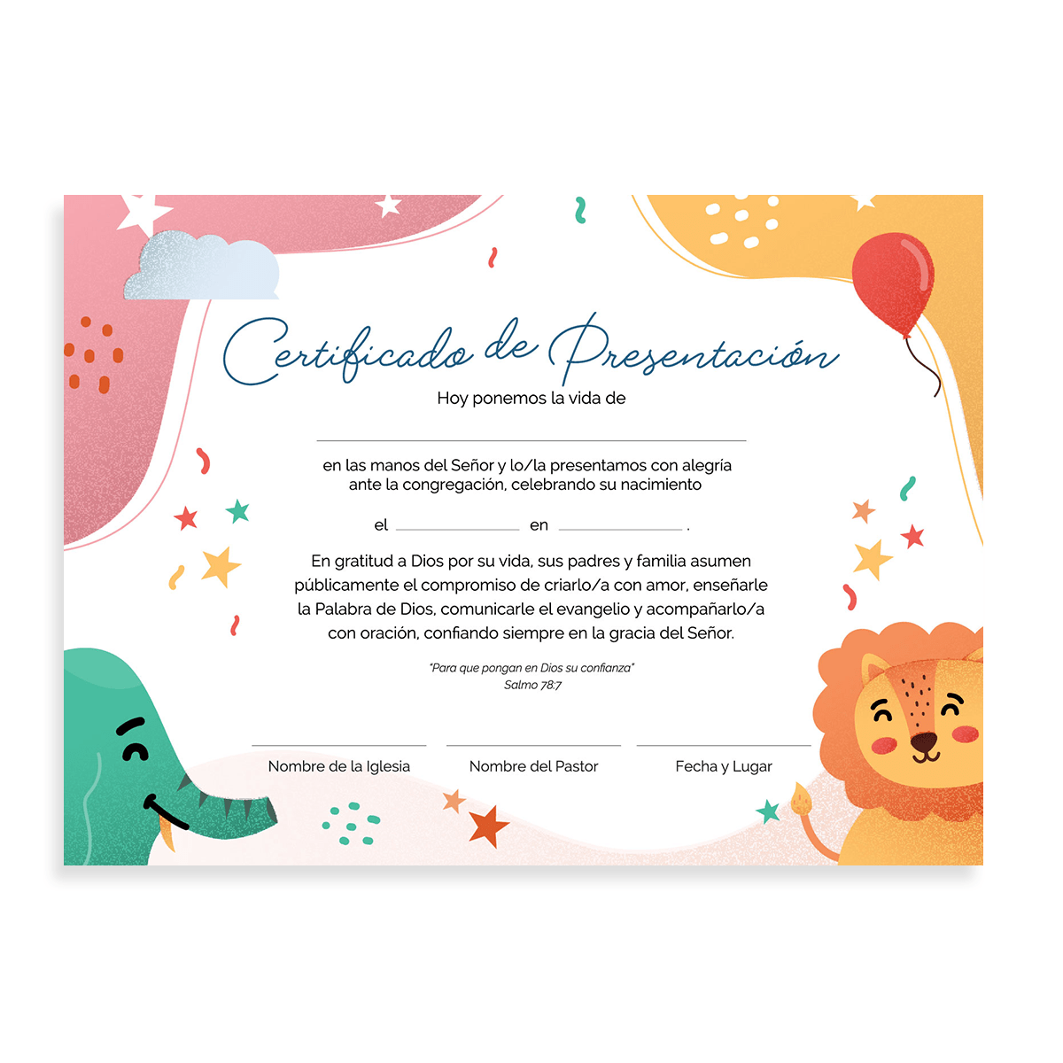 Certificado de Presentación de Niños - Elefante y León- Pack 20u