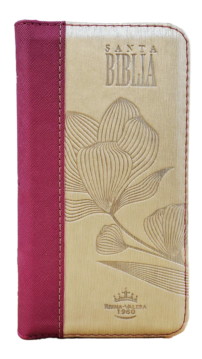 Biblia Reina Valera 1960 – 036 – Con Concordancia – Letra 8 pts – 8,5x16,5 cm – Palabras de Jesús en Rojo – Cierre con Índice – Tapa PU Rosa/Beige